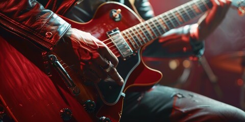 Obraz premium Close-Up of a Guitarist Playing a Red Electric Guitar on Stage