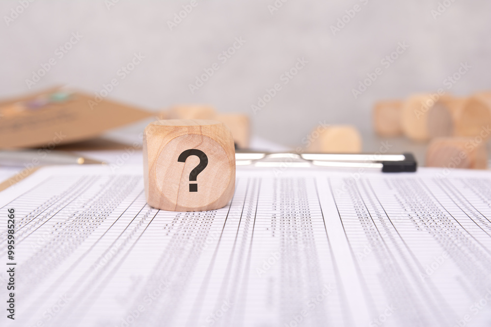 Poster a question mark on financial documents signals the need for scrutiny and highlights issues