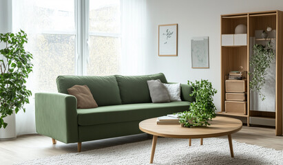 A green sofa in the living room, placed on an off-white carpet with wooden legs and metal shelves behind it. The walls have light-colored wood paneling, creating a bright atmosphere