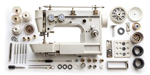 Fototapeta premium Macro shot of a disassembled sewing machine showcasing labeled components including gears, needles, bobbin cases, and tension discs on a clean white background.
