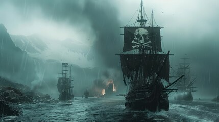 Amid turbulent waters and ominous skies, pirate ships navigate through mist and smoke, suggesting adventure and danger in a mysterious coastal setting