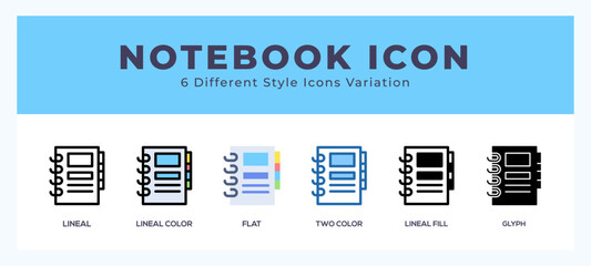 Notebook icon set with different styles. Design elements for logo. Vector illustration.