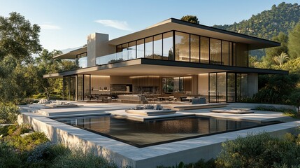 Modern Architectural Villa with Pool and Lush Greenery