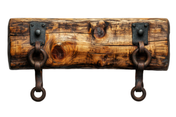 a wooden board with metal hooks

