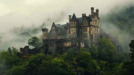 Naklejka premium A castle is shrouded in mist, nestled among lush green trees.