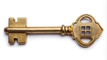 Ornate gold key is lying on a white background