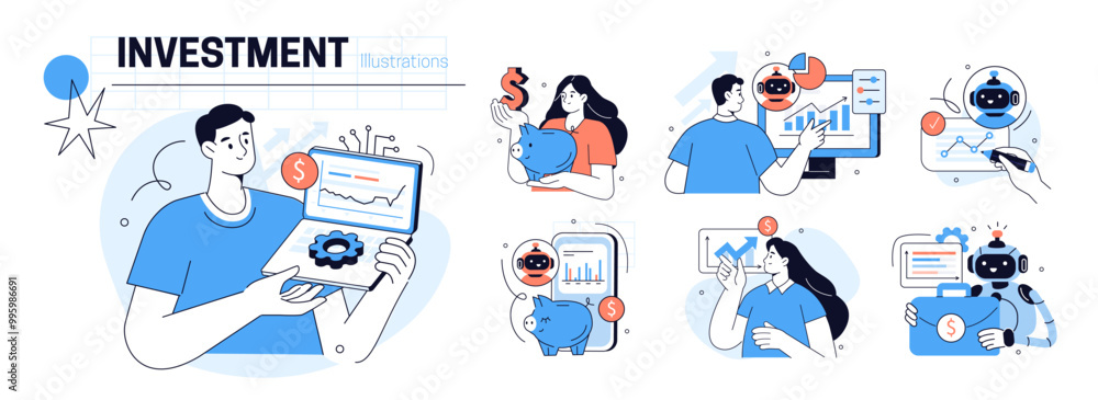 Poster ai technology in finance and trading set. characters use artificial intelligence, algorithms, machin