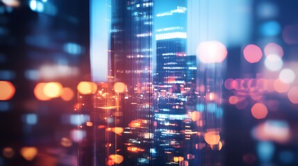 abstract background of blurred skyscrapers at night business and technology concept. 