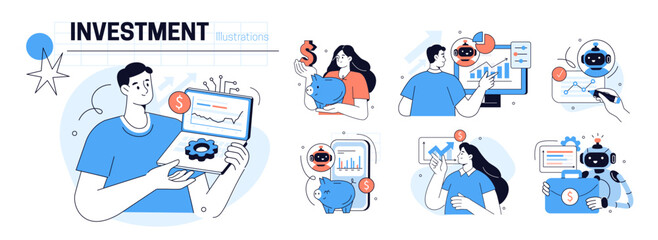 Fototapeta premium AI technology in finance and trading set. Characters use artificial intelligence, algorithms, machine learning tools to predict stock market price and make investments. Vector illustration.