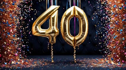 Shiny gold number 40 balloon, confetti, festive design dark background - Powered by Adobe