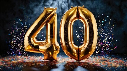Shiny gold number 40 balloon, confetti, festive design dark background - Powered by Adobe