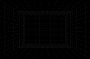 Empty futuristic digital box room. Wireframe grid template in perspective