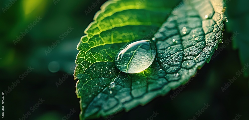 Wall mural close-up shot of a water droplet on a green leaf.