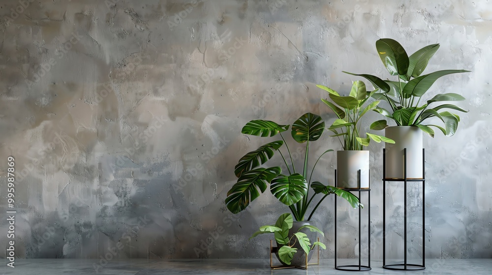 Canvas Prints Three plants in pots against a gray concrete wall.