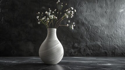A white vase with white flowers against a black textured wall. © Galib