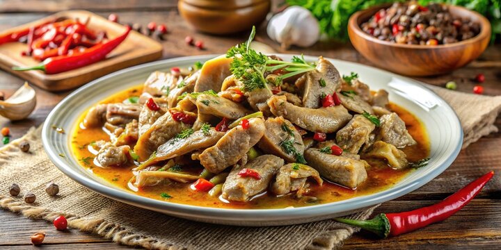 Pig intestines cook tenderly with aromatic spices and herbs, serving a traditional Spanish dish of chitterlings, a culinary delight for the senses.