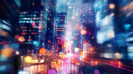 abstract background of blurred skyscrapers at night business and technology concept. 