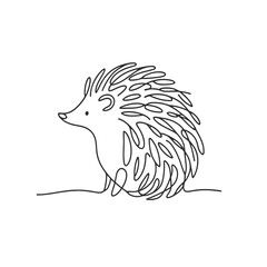 A black and white drawing of a hedgehog sitting on the ground. The hedgehog has a cute and cuddly appearance, and the drawing is simple and elegant