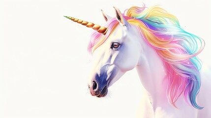 A white unicorn with a rainbow mane and horn, against a white background.