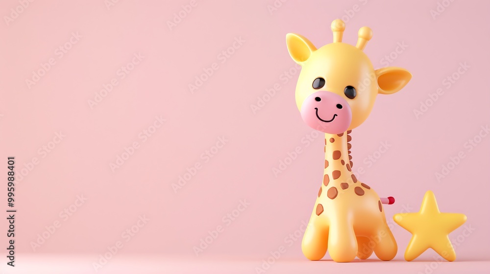 Poster A cute, cartoon giraffe with a yellow star on a pink background.