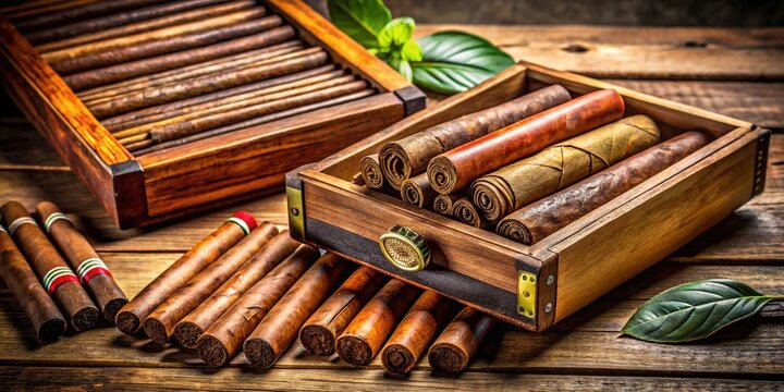 Richly colored, expertly rolled premium cigars from Cuba's renowned tobacco region, surrounded by vintage cigar boxes and rustic wooden textures, evoking nostalgia and luxury.