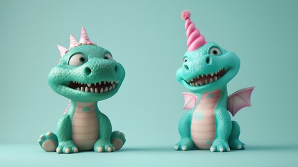 Fototapeta premium Two cute cartoon dragons wearing party hats, against a blue background.