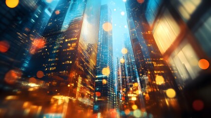 abstract background of blurred skyscrapers at night business and technology concept. 