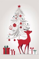 Naklejka premium Christmas deer near white tree and gifts on light background