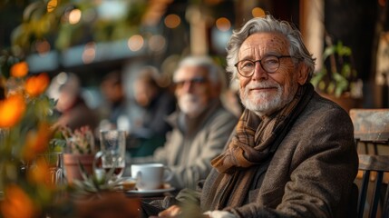 An elderly gentleman enjoying a warm beverage outdoors among lively conversation and blooming flowers. Generative AI