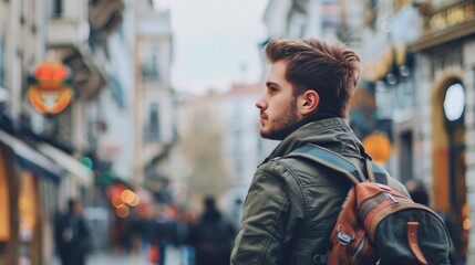 Obraz premium Young Traveler Exploring Urban Street Market Cityscape with Backpack