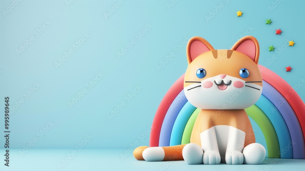 Poster A cute cartoon cat sitting in front of a rainbow on a blue background.