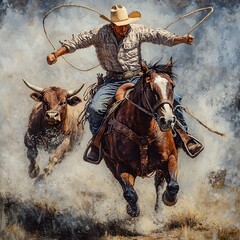 20. A cowboy on horseback, lassoing a wild steer, muscles tense with focus.
