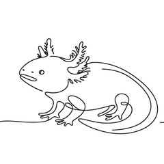 A black and white drawing of a salamander. The salamander is sitting on a surface and has a curious expression on its face