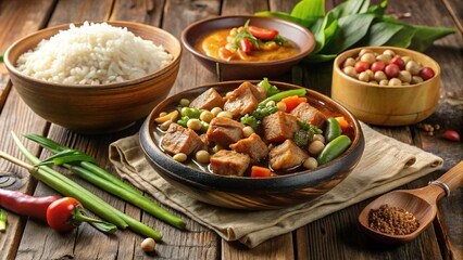 Savory Filipino peanut-based stew served with crispy fried pork belly, steamed vegetables, and steaming hot rice on a traditional wooden table setting.