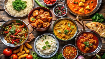 Savory scents waft from sizzling spices and simmering sauces, accompanied by the savory allure of basmati rice and delectable desserts in Indian cuisine.