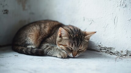 Fototapeta premium Tabby Cat Sleeping on a White Surface