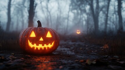 A Carved Pumpkin Glowing in a Foggy Forest Path
