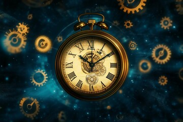 Steampunk Vintage Clock with Gears and Roman Numerals Against a Cosmic Background