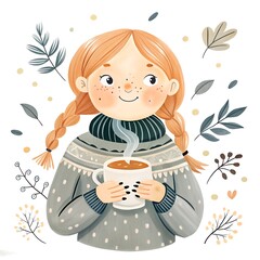 Cozy Redhead Girl Enjoying Hot Chocolate Amidst Autumn Foliage for Seasonal Warmth