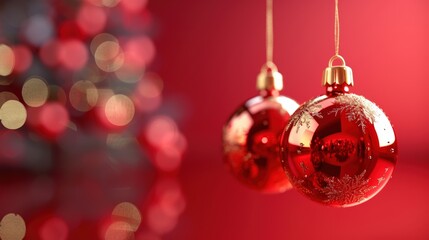Fototapeta premium Christmas and New Year holidays concept. Red and gold balls hanging reflective decoration, festive winter season. template design for greeting season advertisement, Xmas ornaments delicate snowflake