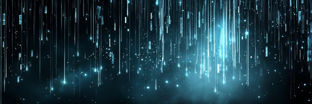 Abstract digital rain with glowing blue lines.