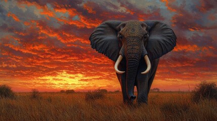 Obraz premium Majestic elephant standing in tall grass with a vibrant sunset in the background.