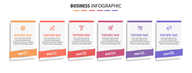 Business vector infographic design template with icons and 6 options or steps. Can be used for process diagram, presentations, workflow layout, banner, flow chart, info graph