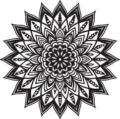 Detailed black and white mandala illustration of a flower in a symmetrical design
