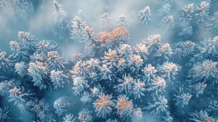 Aerial view of frosted evergreen trees blanketed in soft winter fog in a serene forest landscape. Generative AI