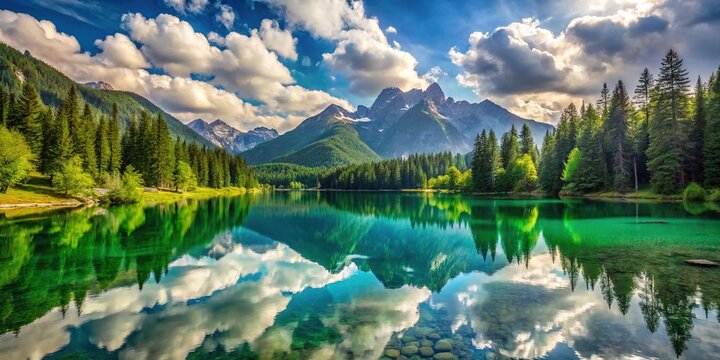 Serene alpine lake surrounded by lush green forest and majestic mountains, reflected in calm turquoise water under a warm sunny sky with fluffy white clouds.