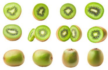Fototapeta premium A variety of fresh kiwi displayed on a white background or transparent PNG