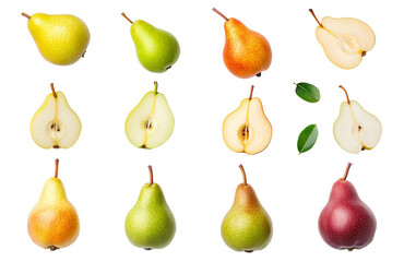 Set of pears of various varieties and colors against a white background or PNG