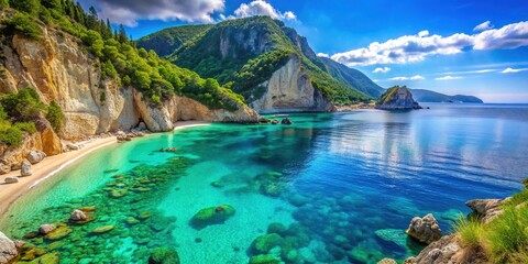 Serene turquoise waters lap against the picturesque shore of Agiofili Beach, surrounded by lush green hills and towering cliffs under a brilliant blue sky.