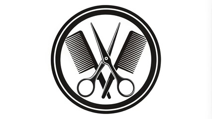 Sleek, modern logo featuring a pair of scissors and comb in a circular formation with clean lines and a transparent background, perfect for branding.